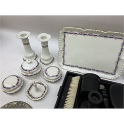 Ebony dressing table set, together with continental porcelain dressing table set; and another (3)