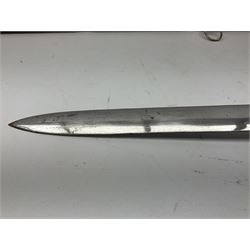 Reproduction Scottish basket hilted broadsword with 85cm double edged steel blade and red lined basket hilt with wire bound grip, in white metal mounted leather scabbard 107cm overall