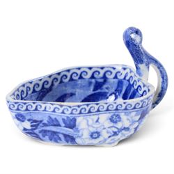 Early 19th century Spode butter boat, of leaf shaped form with high curved open handle, tr...