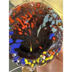 Two Murano Glass jugs by Zecchin, the fist decorated with millefiori design, upon a purple mottled ground, the other upon a green ground, H10cm