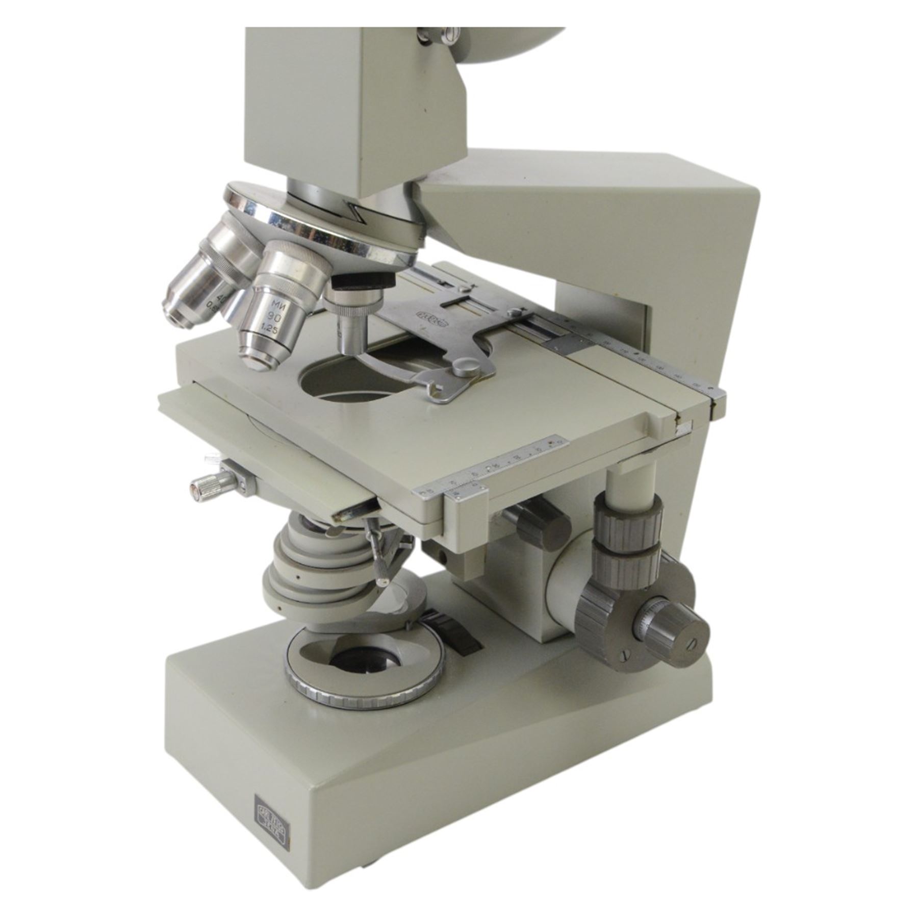 Three microscopes, including Griffin Student Vernier Microscope, Vickers Instruments binocular microscope with Leitz Wetzlar Periplan 10x lenses, and a Carl Zeiss Jena binocular microscope in a wooden Olympus Tokyo box