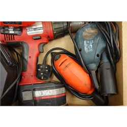  Two Makita 8391D cordless drills with chargers, a Milwaukee cordless drill with charger and  two sanders  