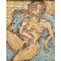 Barry De More (Yorkshire 1948-2023): 'Nude on Blue', oil and impasto on board signed and titled verso 25cm x 20cm
Notes: Acclaimed as one of the North's greatest expressionist artists, Barry De More (1948-2023) used a heavy impasto style to transfer his love of Yorkshire landscapes, townscapes and people to canvas. His work sits comfortably in the company of work by Kossoff and Auerbach, selling to collectors in the UK and overseas. De More's work can be found in the permanent collection of work by Northern Artists at Dean Clough, one of the UK's largest contemporary art galleries.
