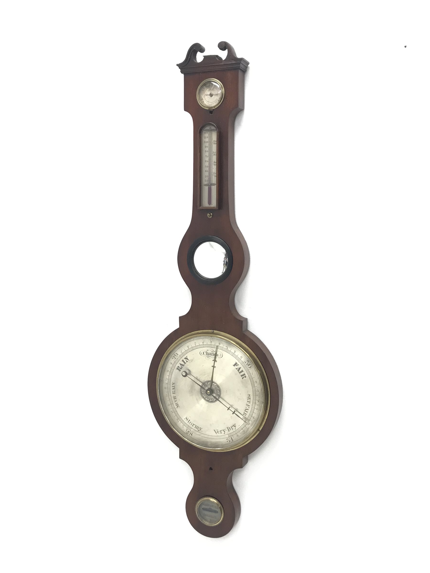 Early 19th century mahogany five dial banjo barometer, swan neck