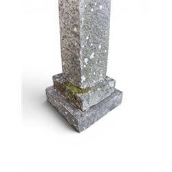 19th century weathered sandstone birdbath, formed in four sections, square top with carved shell bath, raised on tapering column with stepped base