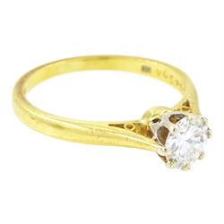 18ct gold diamond ring, eight claw set with a single round brilliant cut diamond of 0.49 carat, London 1973