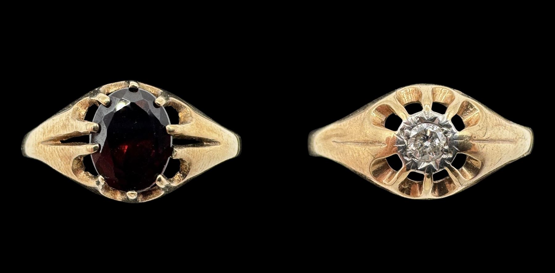 9ct gold illusion set diamond signet ring and a 9ct gold garnet ring