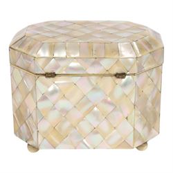 19th century mother of pearl tea caddy, of rectangular form with canted corners, the hinged lid enclosing a single lidded compartment, raised upon bun feet, H11cm D10cm L13cm
This item has been registered for sale under Section 10 of the APHA Ivory Act 