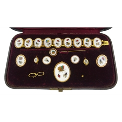  19th century Pietra Dura 18ct gold mounted suite of jewellery, consisting of a bracelet, pair of pendant earrings, two pairs of round and oval lapel studs, brooch and stick pin, decorated with butterflies, ladybirds and flies on a white ground, in original velvet case  