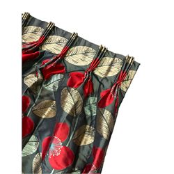 Two pleated curtains, in metallic floral design fabric decorated with poppies, thermal lined, (largest - W260cm, Fall - 205cm) (smaller - 125cm, Fall - 205cm)