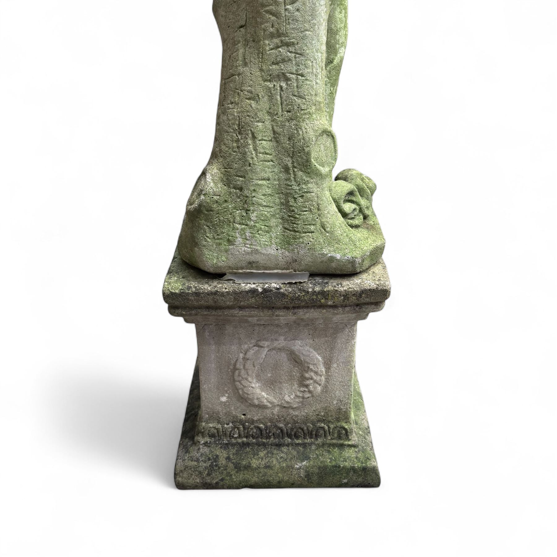 Cast stone garden statue figure, on plinth 