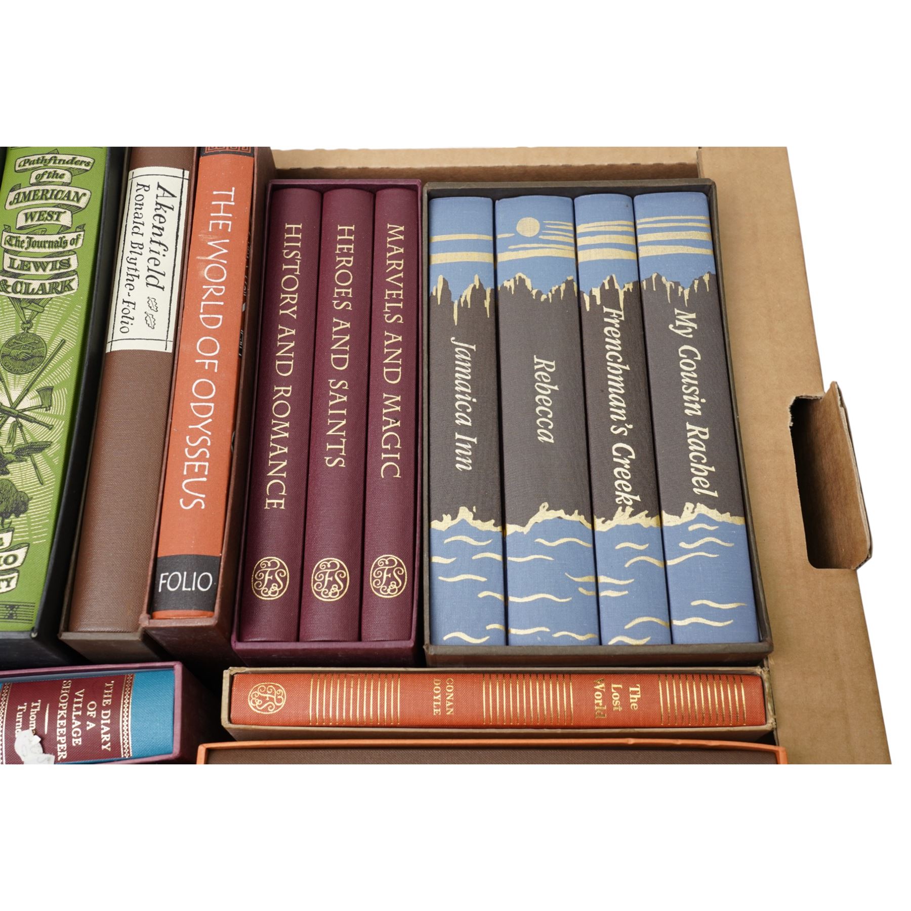 Folio Society volumes including Du Maurier 'Four Cornish Novels', 'British Myths and Legends' three volumes, 'Pick of Punch' and others mostly in slip cases