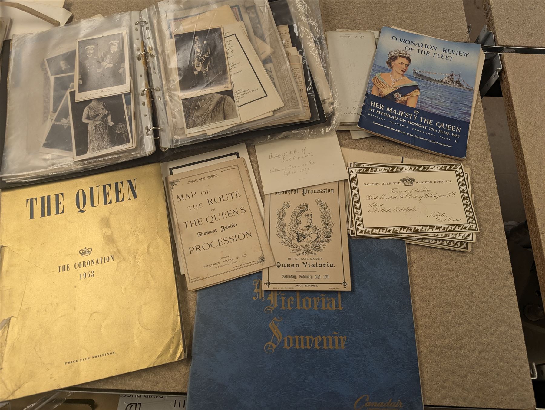 Collection of mostly Royal ephemera and commemorative memorabilia, including souvenir programmes, Royal Pedigrees, postcards, and newspaper reprints, etc, contained within a folder