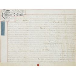 18th century Indenture between Thomas Hyde, citizen and fishmonger of London and Tobias Hodgson, citizen and joiner of London 1751, framed 56cm x 68cm and a 19th century lease regarding property in Soho 1834 (2)