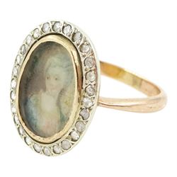 19th century 9ct gold diamond portrait ring, set with an oval miniature of a woman in 18th century dress on ivory, under a glazed panel, with rose cut diamond surround, on later shank. This lot has been registered for sale under Section 10 of the APHA Ivory Act