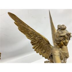 After Oswald Schimmelpfennig (German, 1872-1939): Pair of gilt bronze winged Allegorical female figures, the first example with arm outstretched holding a branch, signed 'Schimmelpfennig 1900', the second with arm raised above her head holding a book and sword in the other, both raised upon marble plinths, H45cm