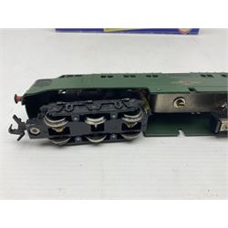 Hornby Dublo - three-rail - Deltic Type Diesel Co-Co locomotive with instructions and guarantee; and Class 20 1000 B.H.P. Bo-Bo Diesel Electric locomotive No.D8000; both in BR green; and each in original blue striped box (2)

