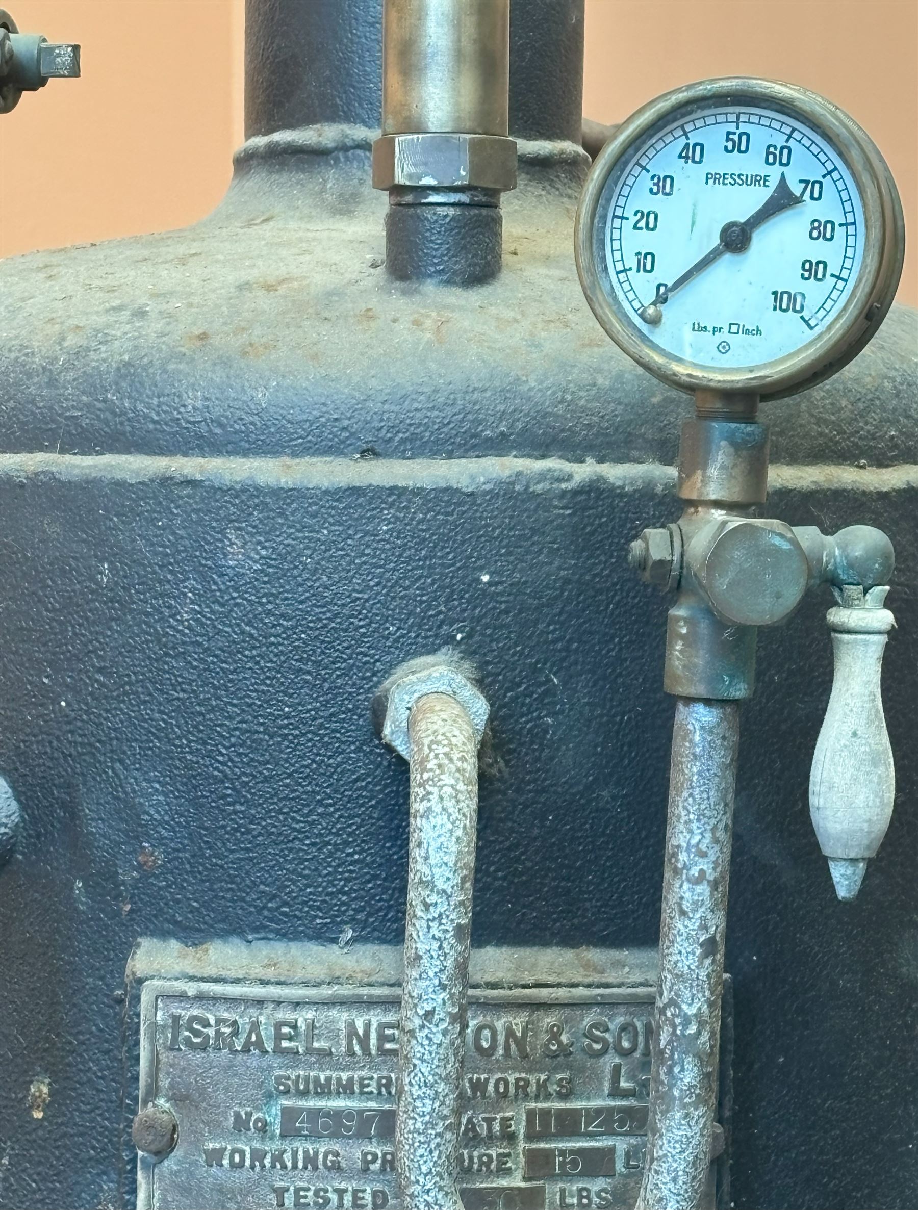 Large Isreal Newton and Sons steam boiler, complete with fittings, untested. H144cm, D48cm.  - COLLECTION BY APPOINTMENT FROM: The White House, Thirsk Road, Easingwold, York, YO61 3NF - CALL 01723 507111 TO ARRANGE