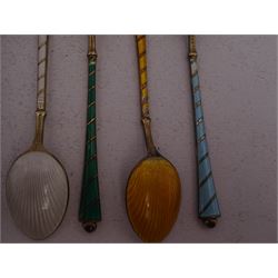 Set of six Danish silver gilt coloured guilloche enamel coffee spoons, each spoon with twist design enamel handle and ball finial, stamped Ela Denmark Sterling, in case
