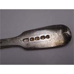 Collection of early 19th century silver spoons, comprising pair of Fiddle pattern teaspoons, hallmarked Jonathan Hayne, London 1832, together with three Old English pattern examples, four other Fiddle pattern teaspoons and a mustard spoon, all hallmarked, with varying maker's including William Bateman and Samuel Hayne & Dudley Cater, dated between 1822 and 1836