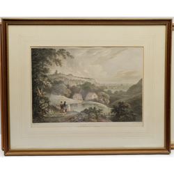 Wilmot (British 20th century): Scarborough Spa, watercolour signed and dated '99; After Francis Nicholson (British 1753-1844): 'Scarborough', 
lithograph printed by Charles Joseph Hullmandel (British 1789-1850) pub. Rodwell and Martin, London 1822; and an aerial photograph of Scarborough showing the old outdoor swimming pool, max 30cm x 50cm (3)