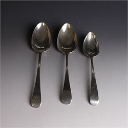 Three George III silver Old English pattern spoons, comprising table spoon with engraved monogram to terminal, hallmarked Thomas Wilkes Barker, London 1806, another table spoon hallmarked London 1806, and a Scottish silver dessert spoon hallmarked James Orr, Edinburgh 1805