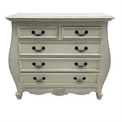 French design bombe shaped chest, moulded rectangular top over two short and three long drawers, on scrolled feet, in cream paint finish 
