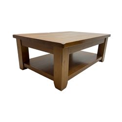Rustic pine coffee table, rectangular plank top over undertier (120cm x 80cm x 46cm); and matching nest of two tables (60cm x 50cm x 64cm)