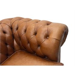 Springvale - large Chesterfield sofa, upholstered in buttoned tan leather, two cushion deep seat, turned bun feet