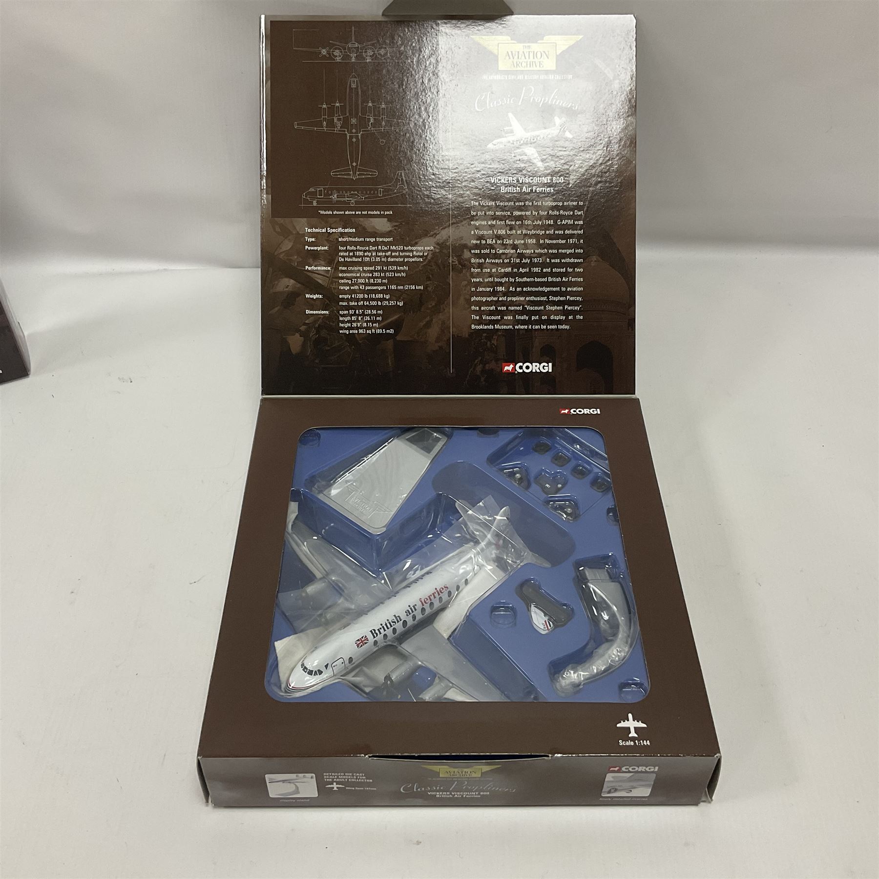 Corgi - Aviation Archive, eleven ‘Classic Propliners’ 1:144 scale models comprising Vickers Viscount models; 47601 700 Series British European Airways; 47602 Parcelforce; 47603 Continental Airlines; 47604 800 Series Lufthansa; 47605 700 Series British Eagle no.391/2900; 47606 806 Virgin Atlantic Airways; 47607 802 British European Airways; 47608 806 British Airways no.985/3000; 47609 836 British Midland Airways no.1530/2500; AA30501 800 Aer Lingus no.651/2100; AA30503 800 British Air Ferries no. 1131/2100; all boxed (11) 