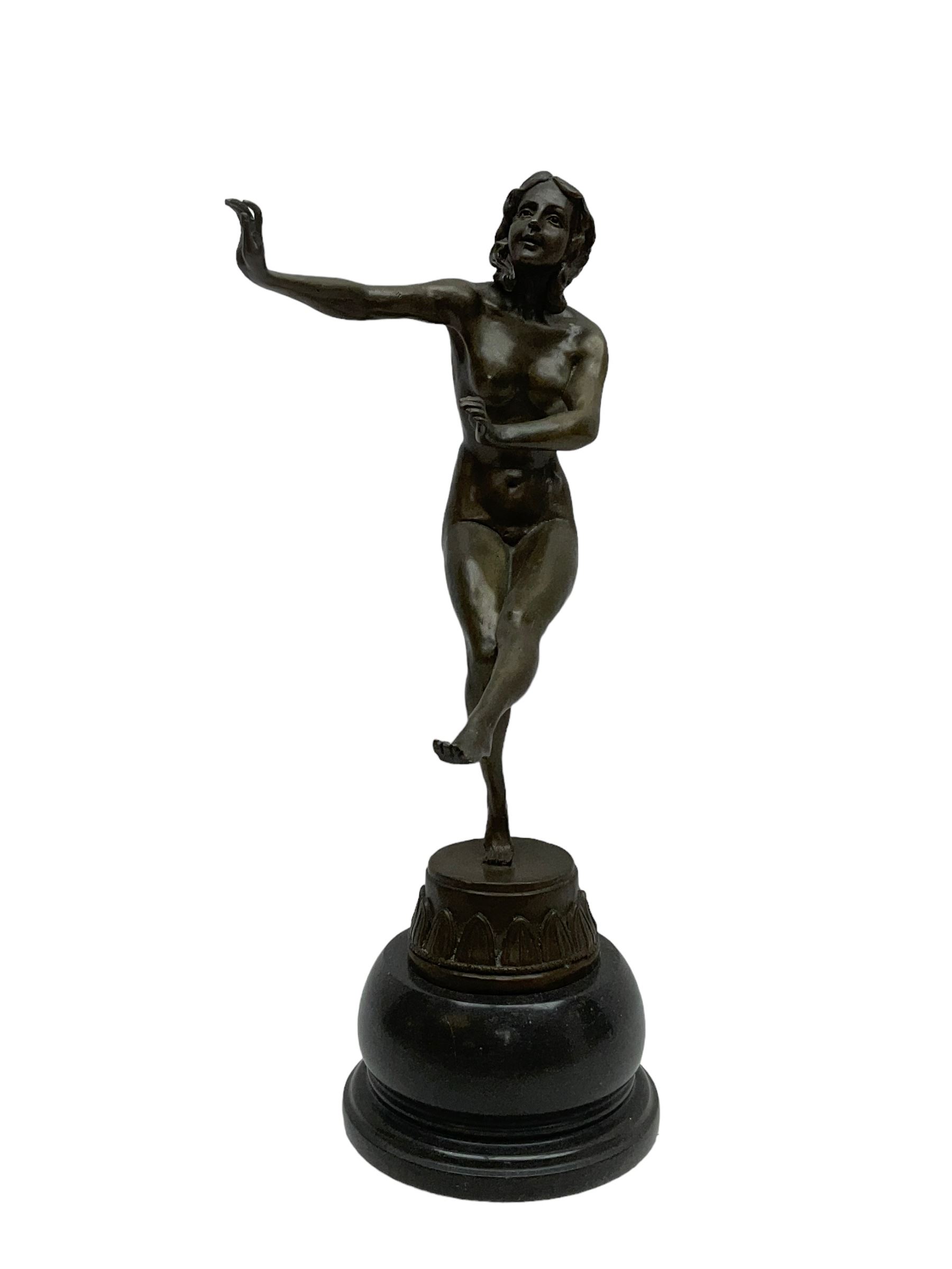 After Claire Jian Robertine Colinet (1880-1950); Art Deco style bronze, modelled as a dancing nude figure upon a marble base, H22cm
