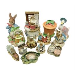 Twelve Border Fine Arts The World of Beatrix Potter and Peter Rabbit Collection figures, including Musical Tailor of Gloucester, Peter Rabbit with Miniature Waterball, Peter Hid in a Flowerpot trinket box, Jemima Puddle Duck with Herbs and Gentleman Mouse, etc
