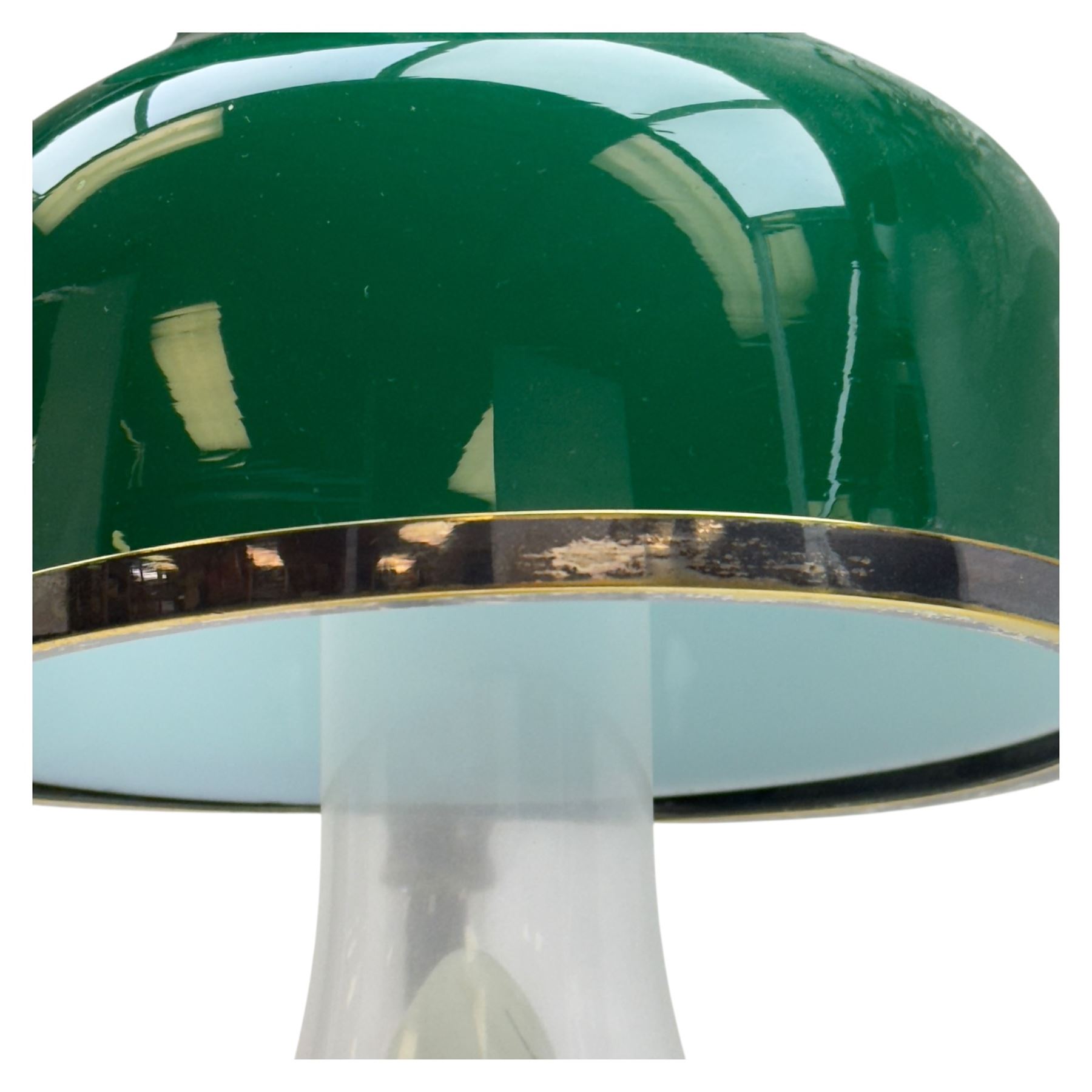 20th century Hinks student's oil lamp, silvered brass stand with faceted glass resovoir and green glass shade, H65cm