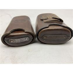 Victorian leather cigar protector with metal match striking plate on the end and internal spring to hold the cigars in place; expands for differing lengths of cigar, minimum L12.5cm; another similar leather cigar case marked Middlemore's Patent with attached vesta case and striker; three Bryant & Mays tin-late matchbox holders including 1935 Jubilee; and small box of matches (6)