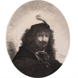 After Rembrandt van Rijn (Dutch 1606-1669): 'Self-Portrait (?) with Plumed Cap and Lowered Sabre', restrike etching 13cm x 10cm (unframed)