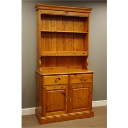  Pine two drawer dresser with plate rack, W100cm, H198cm, D46cm  