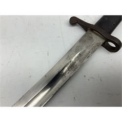 British bayonet with 34cm fullered Yataghan shaped blade, contract shortened, stamped Mole c1915, with leather scabbard, 52cm overall 