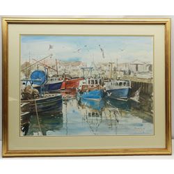 Fraser King (British 1969-): Harbour Scene with Seagulls, watercolour signed 54cm x 72cm