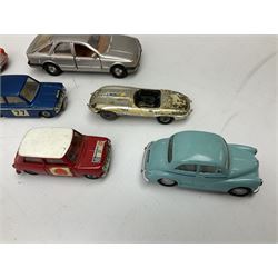 Corgi - thirty unboxed and playworn/repainted die-cast cars including Triumph Herald Coupe, BMC Mini-Cooper 'S', Porsche Carrera, two 'E' Type Jaguars, Rover 2000TC, three Morris Minors, two Aston Martin DB4, two Volvo P1800, MGA, Fiat 2100, Jaguar 2.4 Litre, Jaguar Mark X Saloon etc (30)
