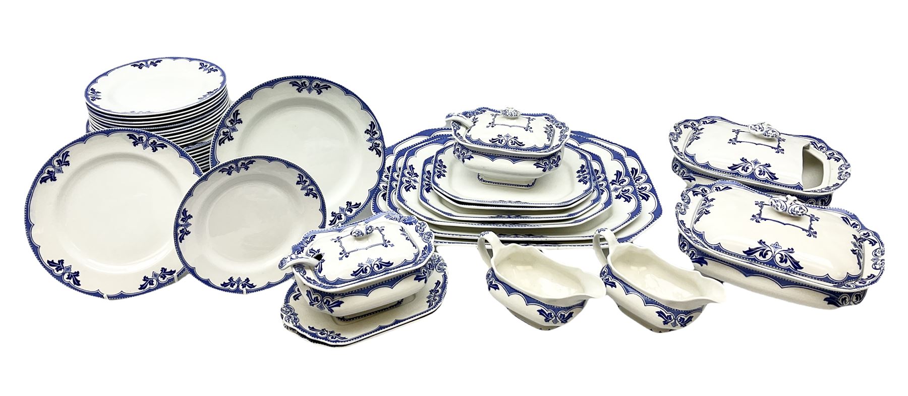 Burgess and Leigh Middleport pottery dinner wares decorated in the ‘Milford’ pattern, to include lidded tureens, graduated meat plates, dinner plates etc 