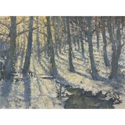 William Burns (British 1923-2010): 'Blue and Gold - the Wood in Winter', oil on canvas laid on board signed, titled verso 26cm x 35cm (unframed)
Provenance: direct from the artist's family. Born in Sheffield in 1923, William Burns RIBA FSAI FRSA studied at the Sheffield College of Art, before the outbreak of the Second World War during which he helped illustrate the official War Diaries for the North Africa Campaign, and was elected a member of the Armed Forces Art Society. On his return to England, he studied architecture at Sheffield University and later ran his own successful practice, being a member of the Royal Institute of British Architects. However, painting had always been his self-confessed 'first love', and in the 1970s he gave up architecture to become a full-time artist, having his first one-man exhibition in 1979.