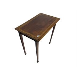 19th century cherry wood side table, rectangular top with inlaid band, fluted frieze and square tapering supports with spade feet