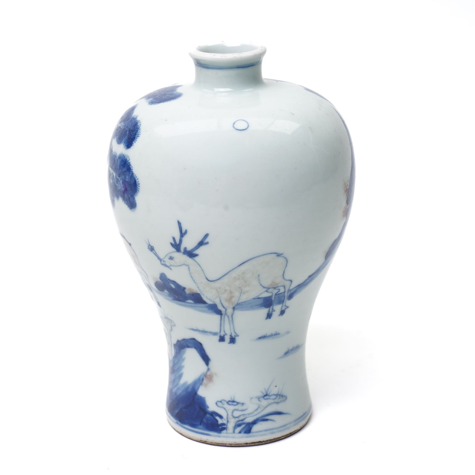 18th century Chinese blue and white meiping vase, decorated in blue and white with deer in a landscape, unmarked, H20cm