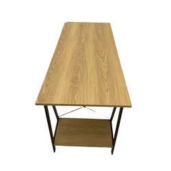 Light wood finish trestle desk, and an office chair