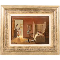 Deborah Jones (British 1921-2012): Bedroom Interior with Mischievous Cats, oil on board signed 19cm x 26cm
