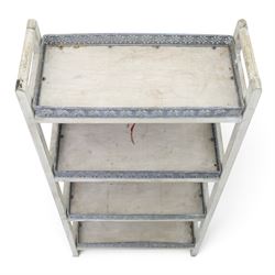 OKA style four tiered waterfall bookshelf, painted woodened frame with pierced wrought metal gallery