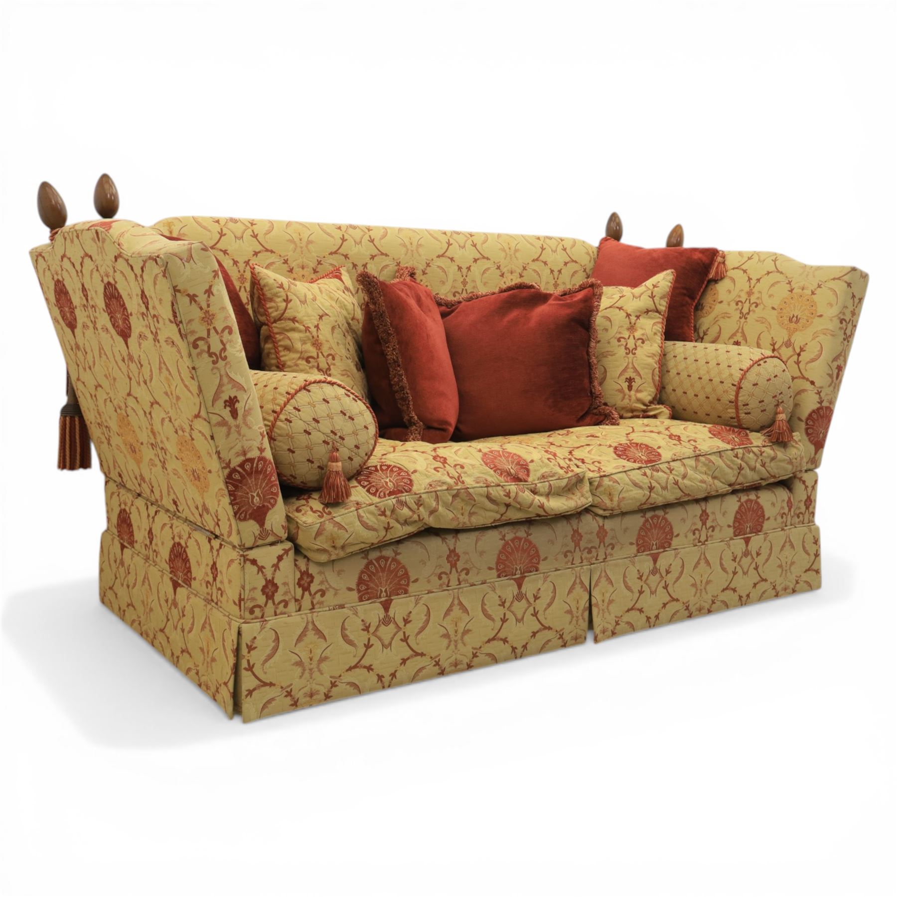 David Grundy - Medium Knoll style drop-arm settee in patterned fabric with eight associated scatter and bolster cushions