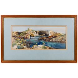 Frank Henry Mason (Staithes Group 1875-1965): 'Comino Island - Malta', watercolour signed and titled, further titled and dated c.1918-1919 on exhibition label verso 19cm x 46cm
Notes: this watercolour was possibly painted slightly later than Sliema Creek and it is one of a group of views in and around Malta, which Mason painted c.1918-1919. Others, which featured naval craft in Valetta harbour, were reproduced in the London Illustrated News in November 1919 but Mason here chooses to show no images of Malta at War.