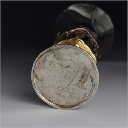 Modern limited edition silver goblet, 'made by order of the Lord Bishop of Ripon to commemorate the foundation of the Diocese in 1836', designed by Hector Miller for Aurum, the plain fluted cup, upon an ornate figural parcel gilt stem and stepped circular foot, no. 112/500, hallmarked Hector Miller, London 1985, H17cm, with certificate