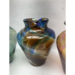 Three Hartley Wood coloured glass vases, each of baluster form with swirling decoration, tallest H21cm